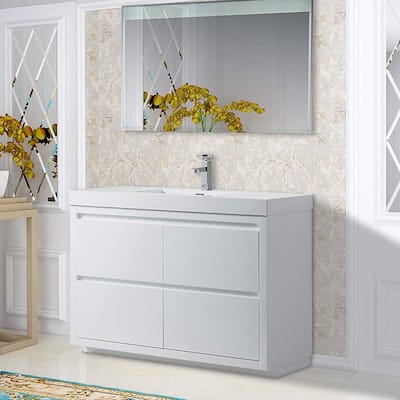 Vanity Art Glossy White Stone Floor-standing Single Sink Vanity Set