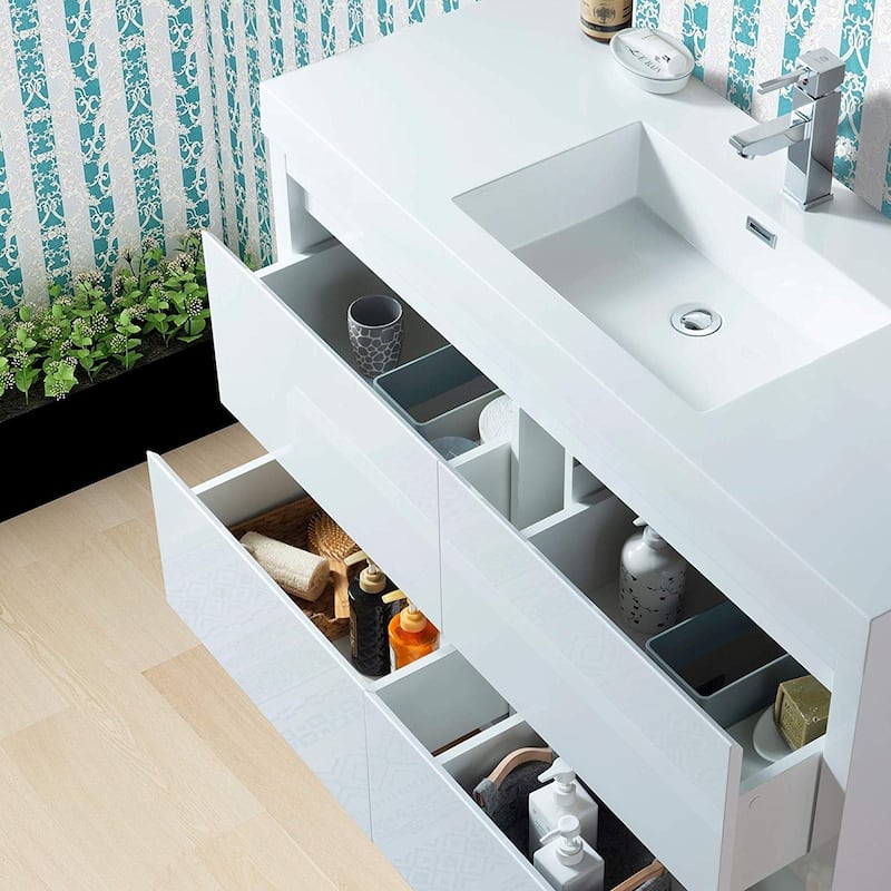 Vanity Art Glossy White Stone Floor-standing Single Sink Vanity Set