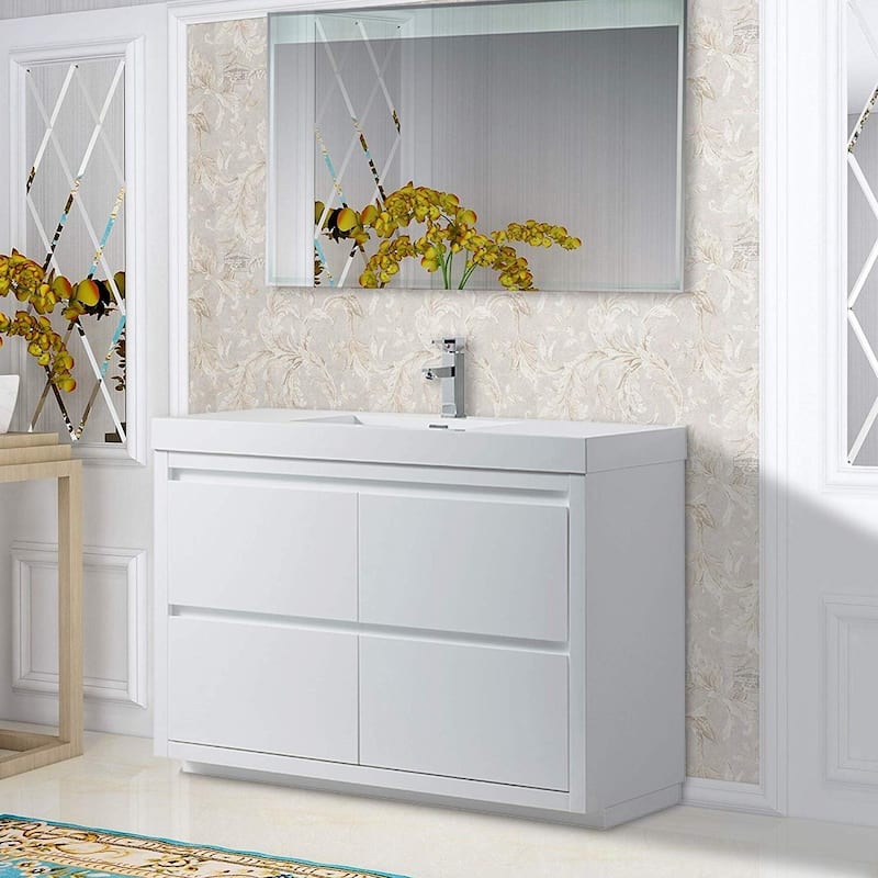 Vanity Art Glossy White Stone Floor-standing Single Sink Vanity Set