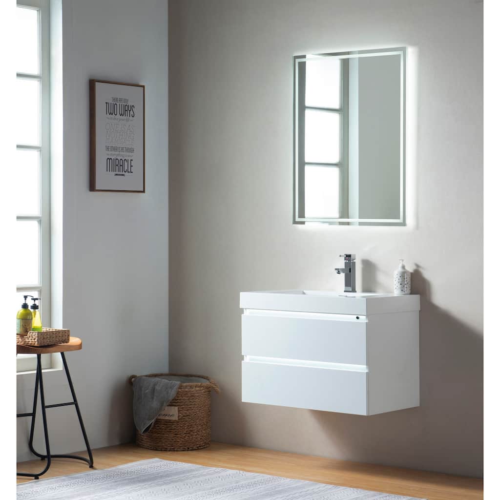 Vanity Art 30-Inch Single Sink Wall Mounted Bathroom Vanity Set White Stone Top Glossy Finish, 2 Drawers