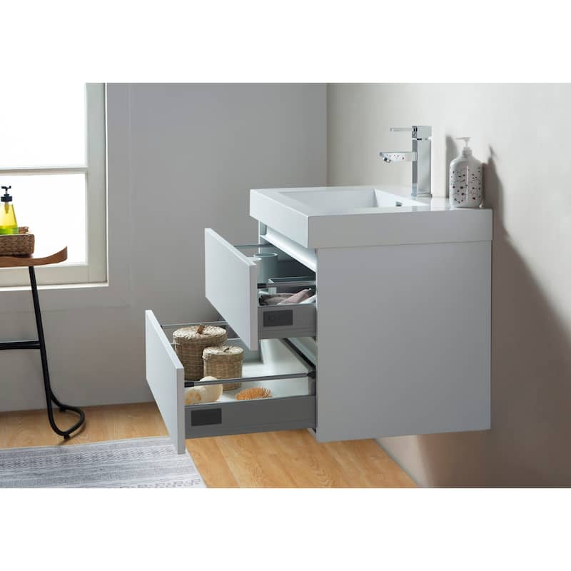 Vanity Art 30-Inch Single Sink Wall Mounted Bathroom Vanity Set White Stone Top Glossy Finish, 2 Drawers
