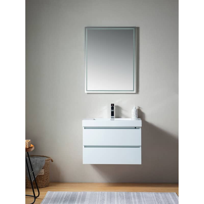 Vanity Art 30-Inch Single Sink Wall Mounted Bathroom Vanity Set White Stone Top Glossy Finish, 2 Drawers