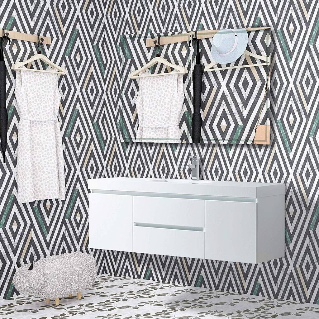 Vanity Art 60-Inch Single Sink Wall Hung Bathroom Vanity Set White Stone Top Glossy Finish with Sensor Switch