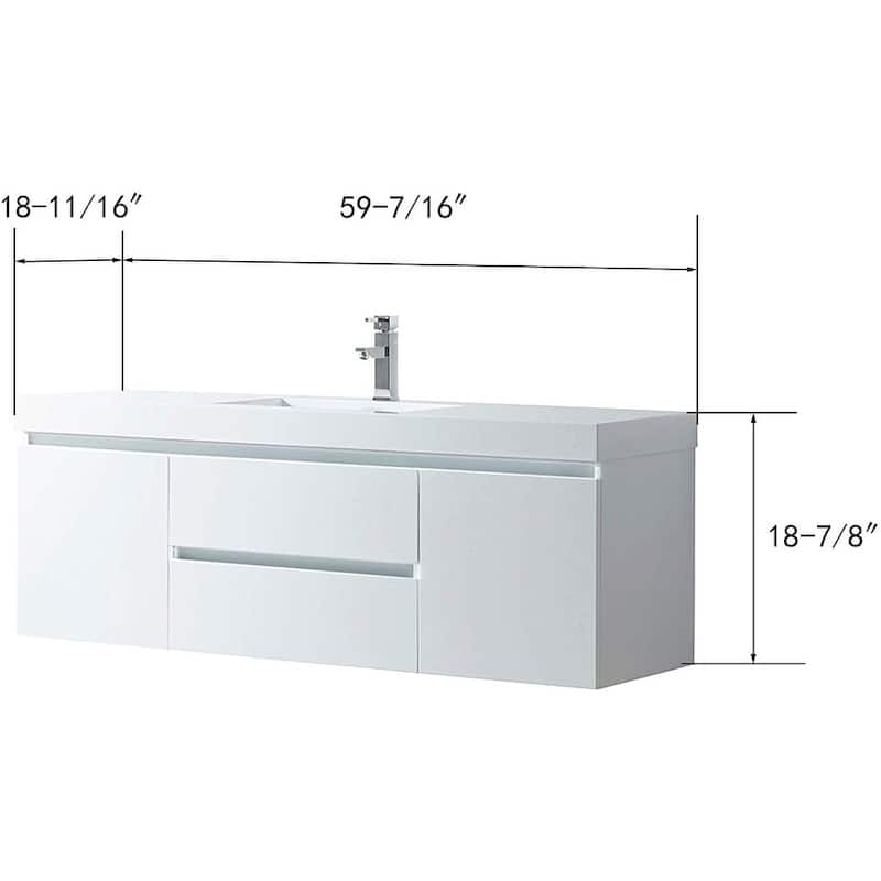 Vanity Art 60-Inch Single Sink Wall Hung Bathroom Vanity Set White Stone Top Glossy Finish with Sensor Switch