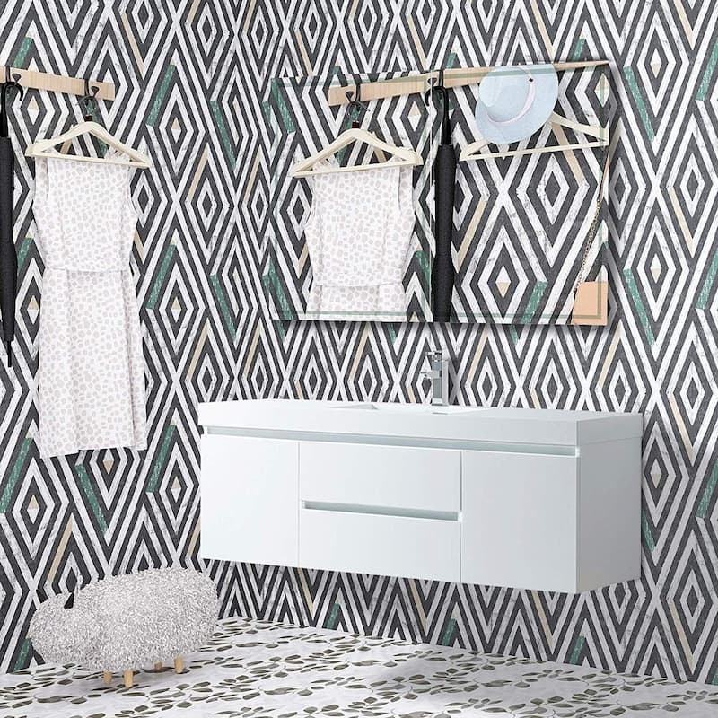 Vanity Art 60-Inch Single Sink Wall Hung Bathroom Vanity Set White Stone Top Glossy Finish with Sensor Switch