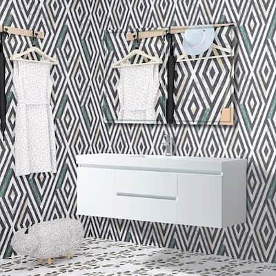 Vanity Art 60-Inch Single Sink Wall Hung Bathroom Vanity Set White Stone Top Glossy Finish with Sensor Switch
