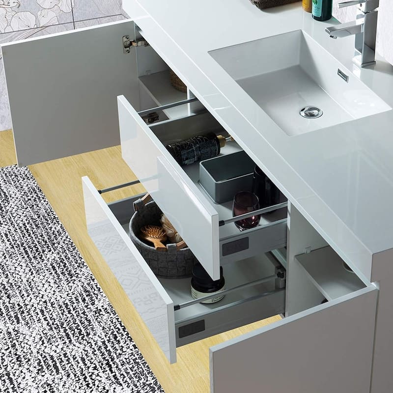 Vanity Art 60-Inch Single Sink Wall Hung Bathroom Vanity Set White Stone Top Glossy Finish with Sensor Switch