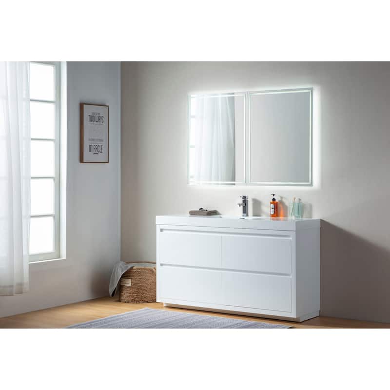Vanity Art 60-Inch Single Sink Floor-Standing Wall Mounted Bathroom Vanity Set White Stone Top Glossy Finish