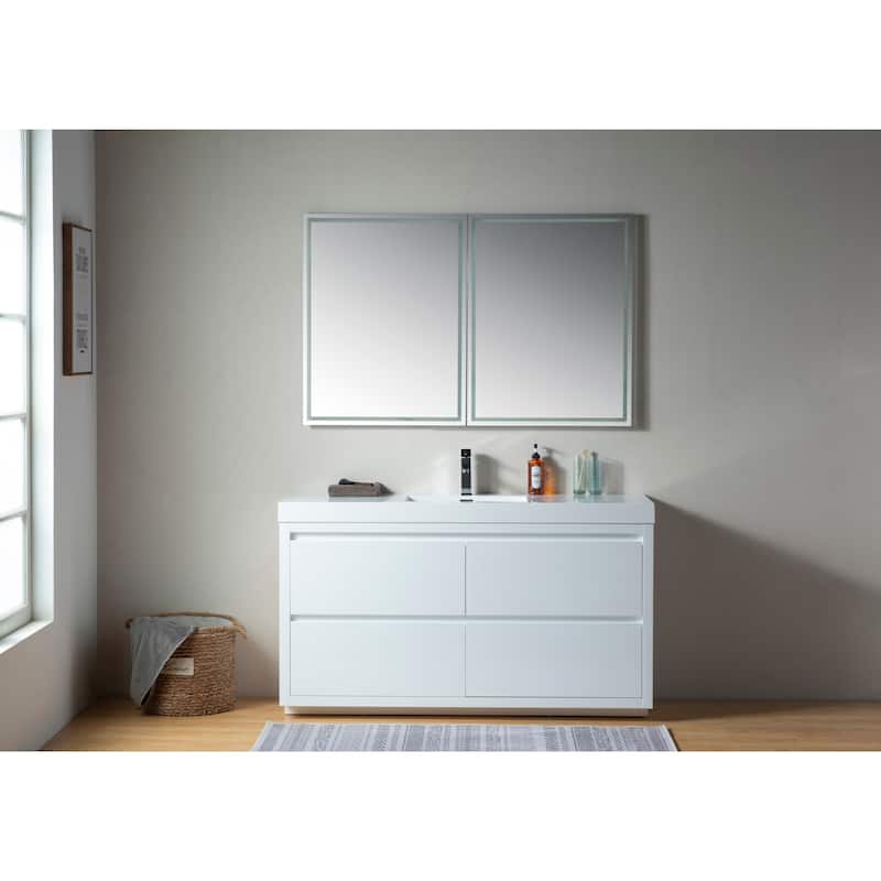 Vanity Art 60-Inch Single Sink Floor-Standing Wall Mounted Bathroom Vanity Set White Stone Top Glossy Finish