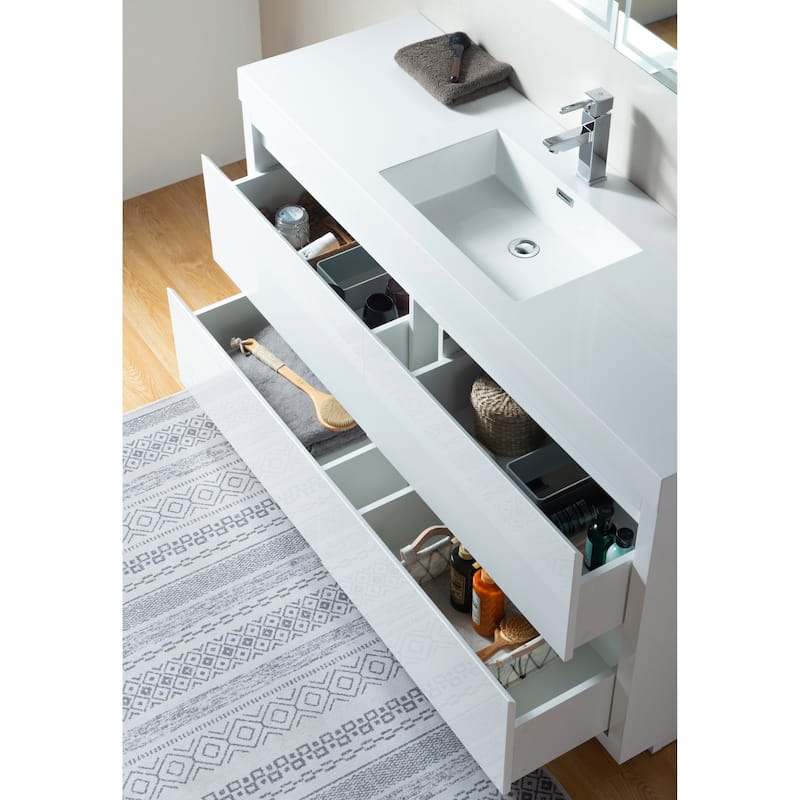 Vanity Art 60-Inch Single Sink Floor-Standing Wall Mounted Bathroom Vanity Set White Stone Top Glossy Finish
