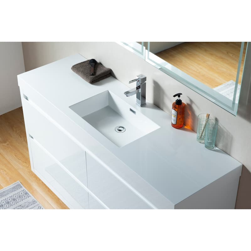 Vanity Art 60-Inch Single Sink Floor-Standing Wall Mounted Bathroom Vanity Set White Stone Top Glossy Finish