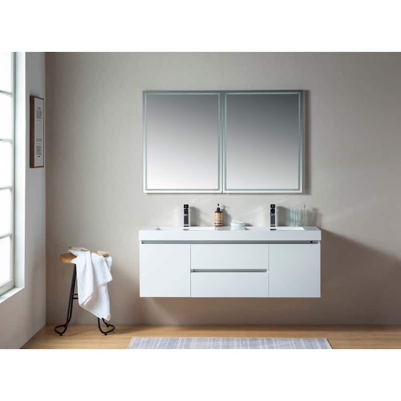 Vanity Art 60-Inch Double Sink Wall-Hung Bathroom Vanity Set White Stone Top Glossy Finish 2 Drawers 4 Shelves
