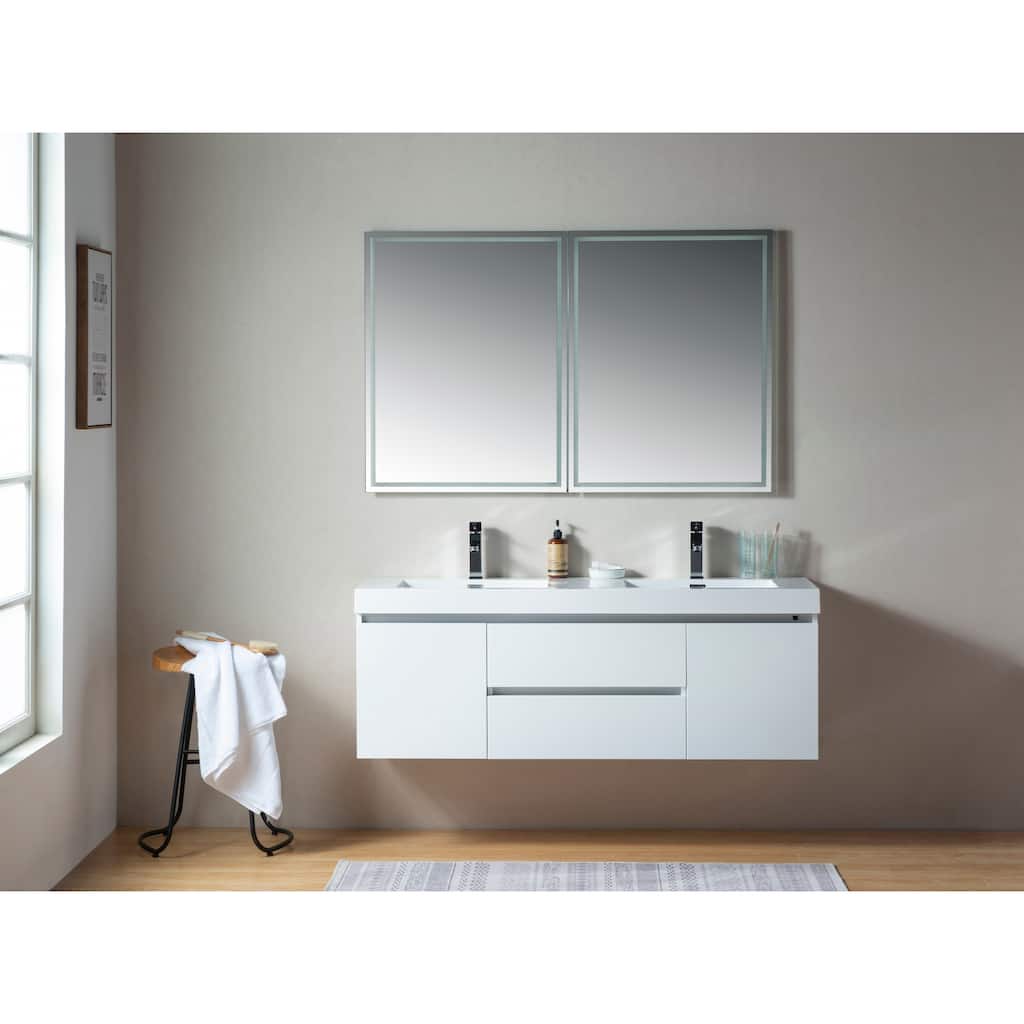 Vanity Art 60-Inch Double Sink Wall-Hung Bathroom Vanity Set White Stone Top Glossy Finish 2 Drawers 4 Shelves