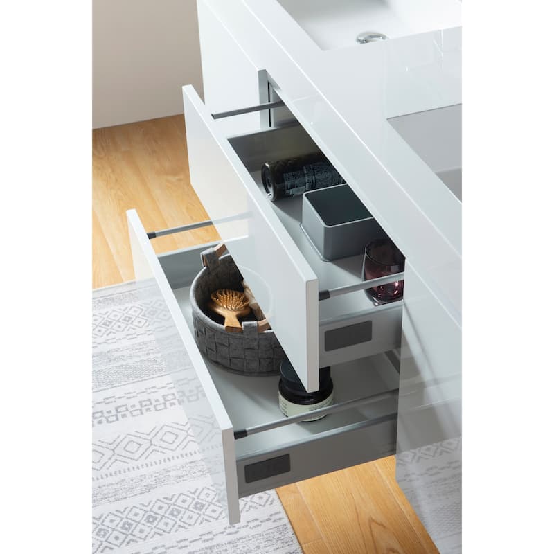 Vanity Art 60-Inch Double Sink Wall-Hung Bathroom Vanity Set White Stone Top Glossy Finish 2 Drawers 4 Shelves