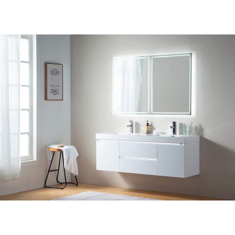 Vanity Art 60-Inch Double Sink Wall-Hung Bathroom Vanity Set White Stone Top Glossy Finish 2 Drawers 4 Shelves