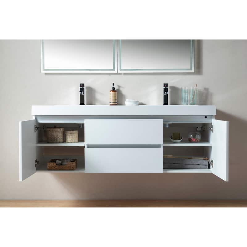 Vanity Art 60-Inch Double Sink Wall-Hung Bathroom Vanity Set White Stone Top Glossy Finish 2 Drawers 4 Shelves