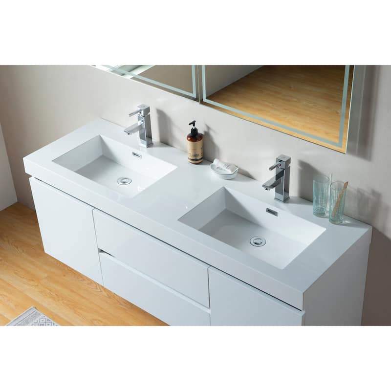 Vanity Art 60-Inch Double Sink Wall-Hung Bathroom Vanity Set White Stone Top Glossy Finish 2 Drawers 4 Shelves