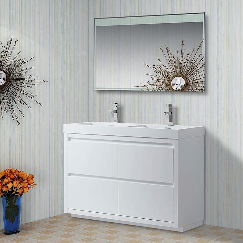 Vanity Art 48-Inch Double Sink Floor-Standing Wall Mounted Bathroom Vanity Set White Stone Top Glossy Finish