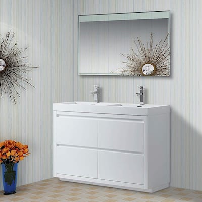 Vanity Art 48-Inch Double Sink Floor-Standing Wall Mounted Bathroom Vanity Set White Stone Top Glossy Finish