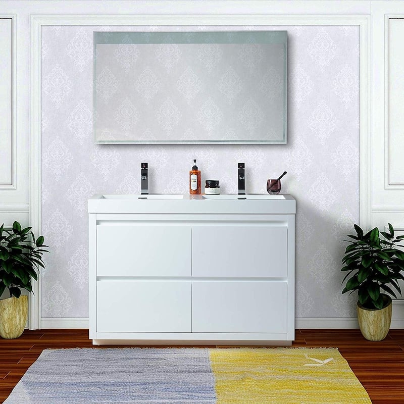 Vanity Art 48-Inch Double Sink Floor-Standing Wall Mounted Bathroom Vanity Set White Stone Top Glossy Finish