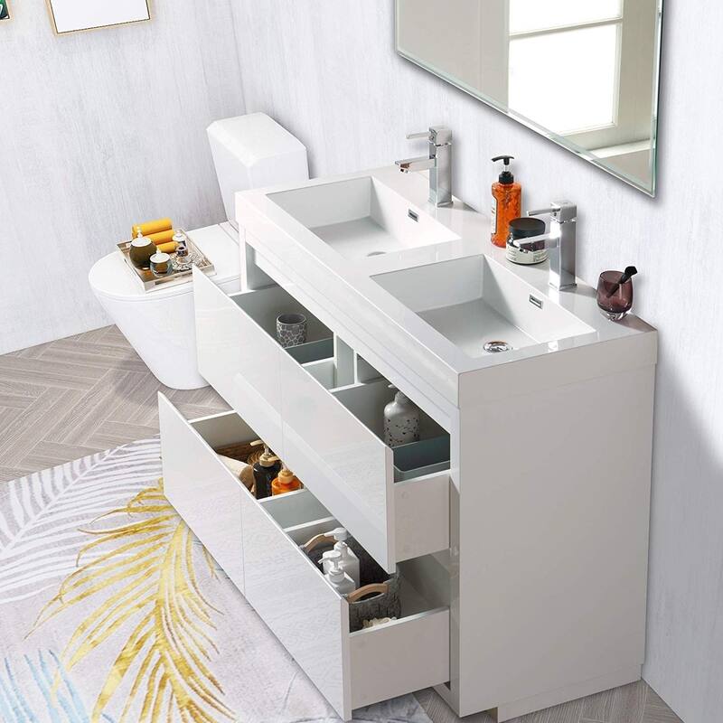 Vanity Art 48-Inch Double Sink Floor-Standing Wall Mounted Bathroom Vanity Set White Stone Top Glossy Finish