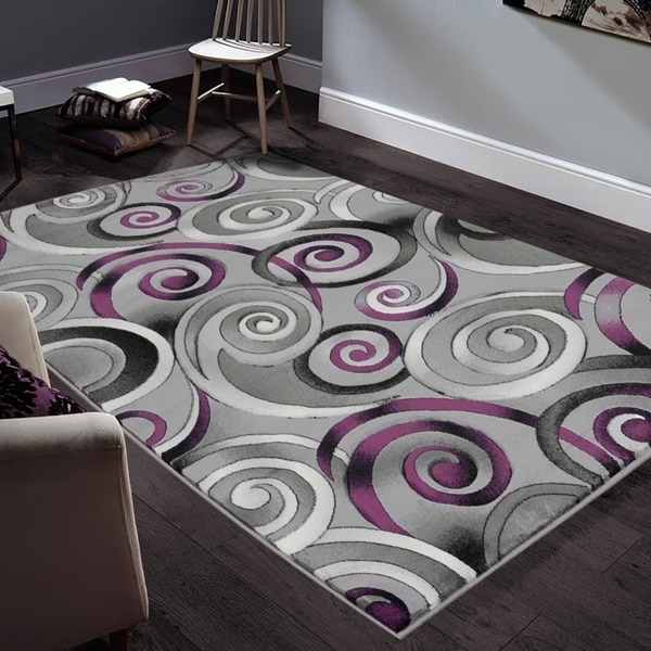 Allstar Rugs Hand-Carved Grey and White Rectangular Accent Area Rug with Purple Abstract Swirl Design - 6' 11" x 4' 11"