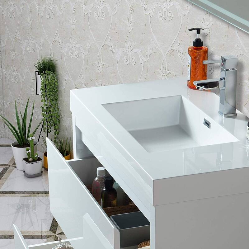Vanity Art 36-Inch Single Sink Floor-Standing Wall Mounted Bathroom Vanity Set White Stone Top Glossy Finish