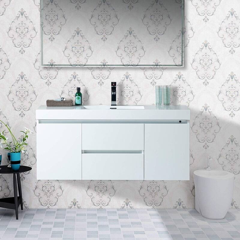 Vanity Art 48-Inch Single Sink Wall Hung Bathroom Vanity Set White Stone Top Glossy Finish with Sensor Switch