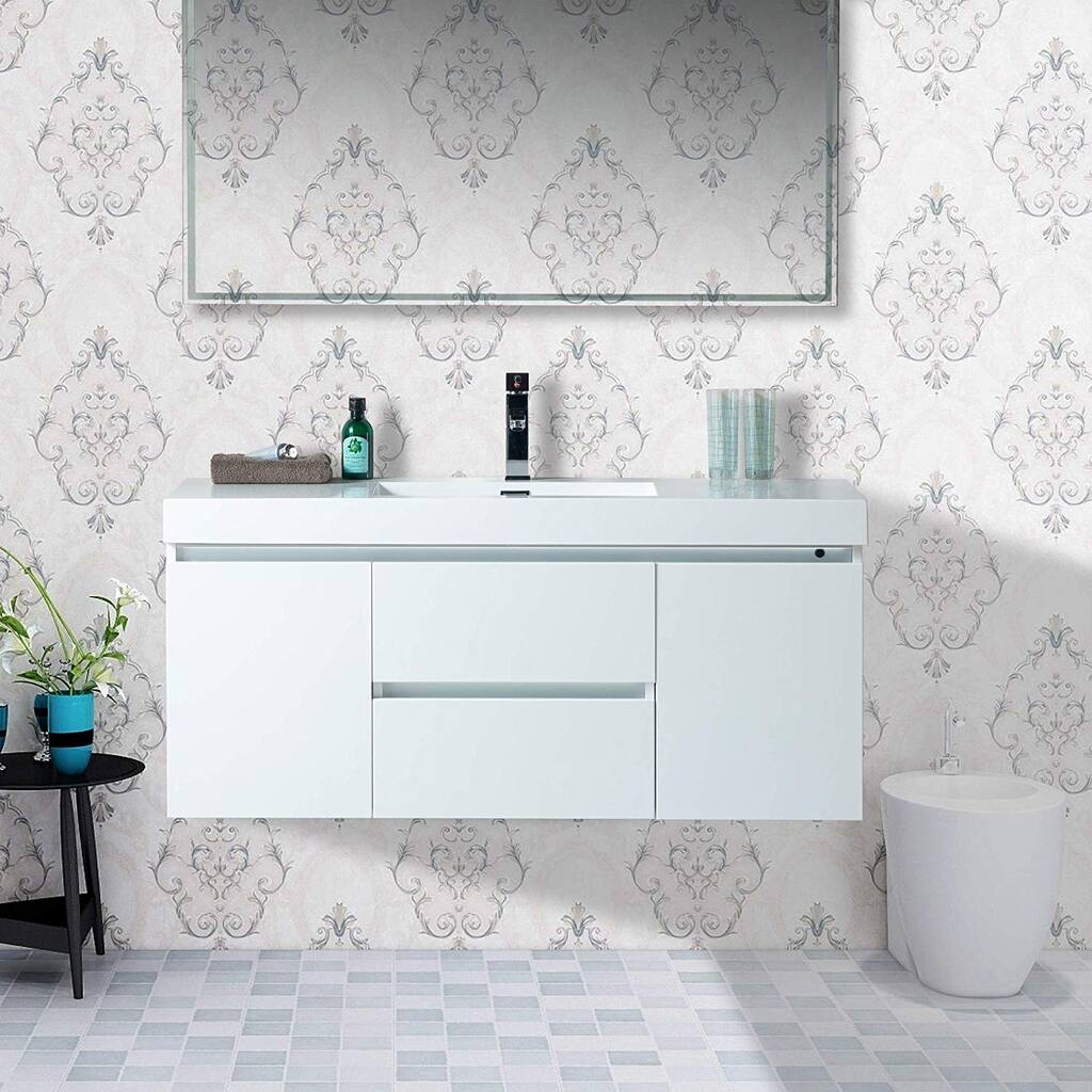 Vanity Art 48-Inch Single Sink Wall Hung Bathroom Vanity Set White Stone Top Glossy Finish with Sensor Switch