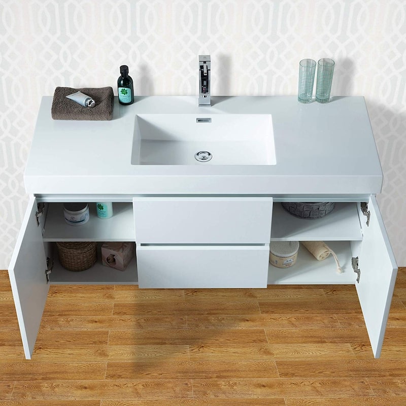 Vanity Art 48-Inch Single Sink Wall Hung Bathroom Vanity Set White Stone Top Glossy Finish with Sensor Switch