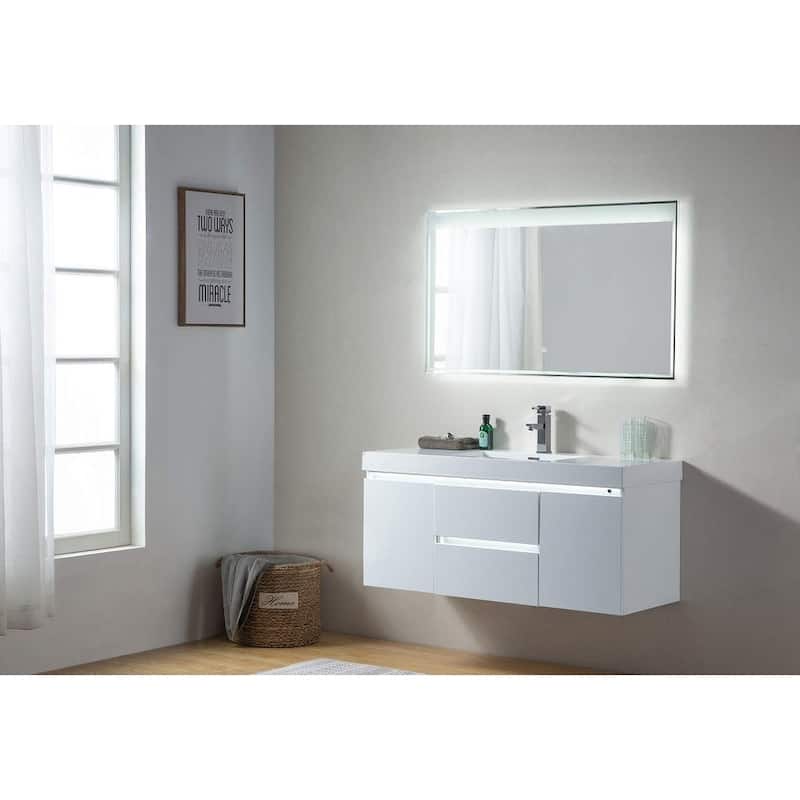 Vanity Art 48-Inch Single Sink Wall Hung Bathroom Vanity Set White Stone Top Glossy Finish with Sensor Switch