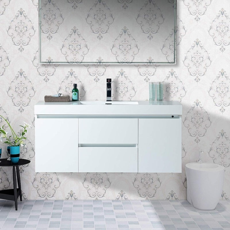 Vanity Art 48-Inch Single Sink Wall Hung Bathroom Vanity Set White Stone Top Glossy Finish with Sensor Switch