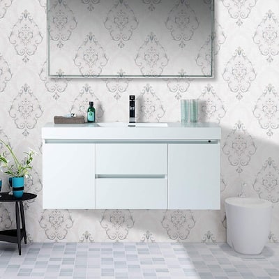 Vanity Art 48-Inch Single Sink Wall Hung Bathroom Vanity Set White Stone Top Glossy Finish with Sensor Switch