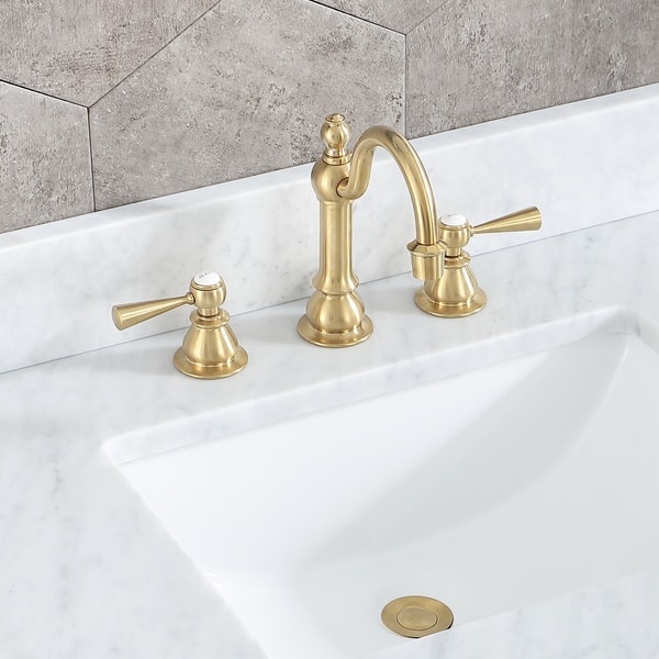 slide 2 of 4, Satin Brass High Arc Lavatory Faucet with Torch Lever Handles