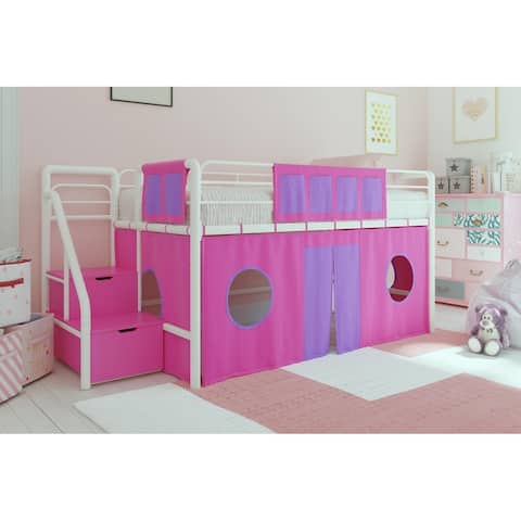 DHP Sol Junior Twin Metal Bed with Storage Steps and Curtain Set