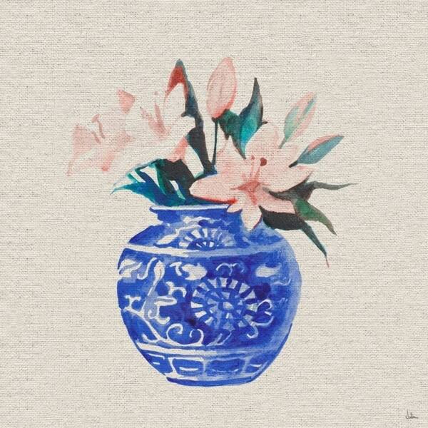 Shop Marmont Hill Handmade Peach Flowers In Blue Vase Print On