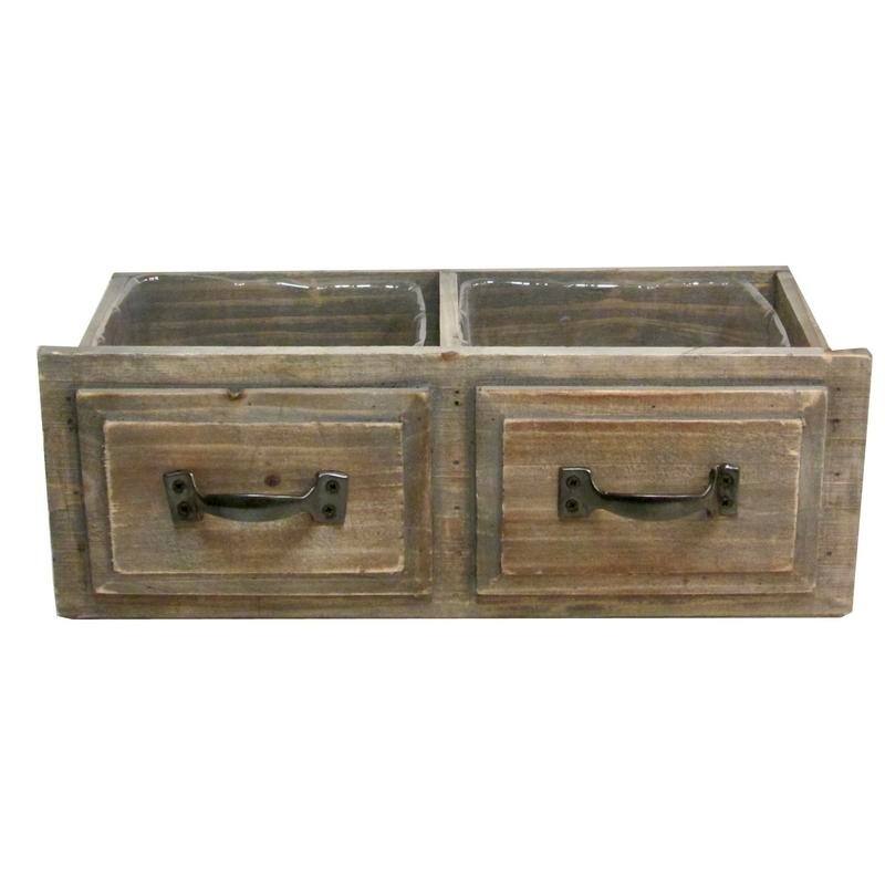 Natural Wood Double Rectangle Drawer Planter Pot With Hard Liners