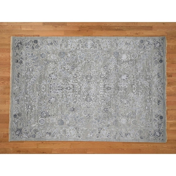 Hand Knotted Grey Modern & Contemporary with Wool & Silk Oriental Rug (6'1" x 9') - 6'1" x 9'