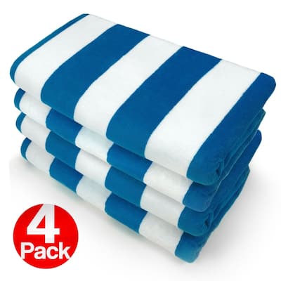KAUFMAN - 4PC Pack 32in X 62in Velour Cabana Stripe Beach Towels BLUE/WHITE 
