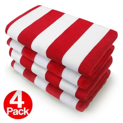 KAUFMAN - 4PC Pack 32'X62' Velour Cabana Stripe Beach Towels RED/WHITE
