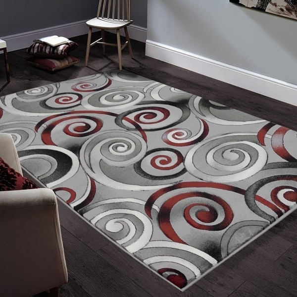 Allstar Rugs Hand-Carved Grey and White Rectangular Accent Area Rug with Red Abstract Swirl Design - 9' 8" x 7' 5"