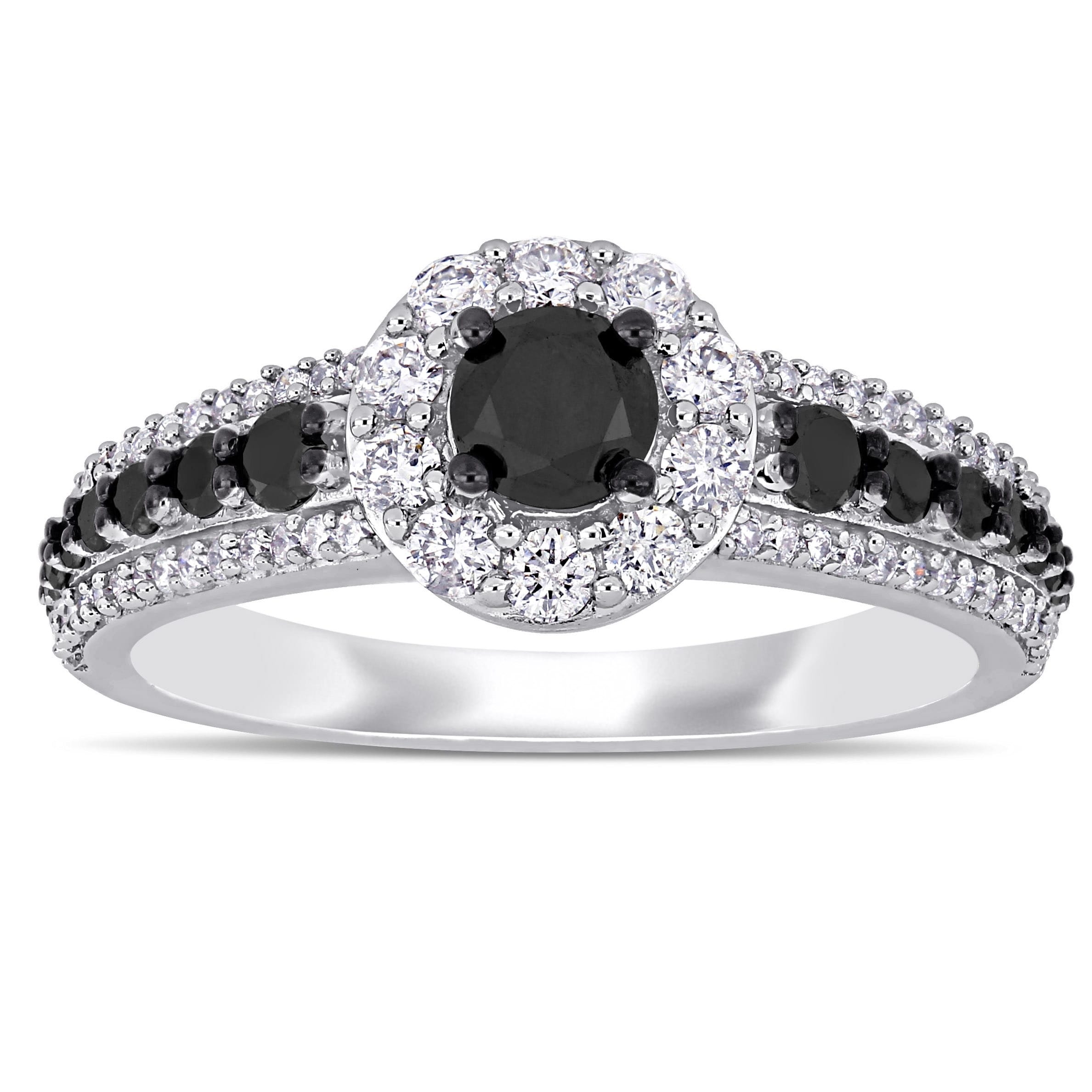Miadora 14k White Gold with Black Rhodium 1ct TDW Black and White Diamond Halo Engagement Ring