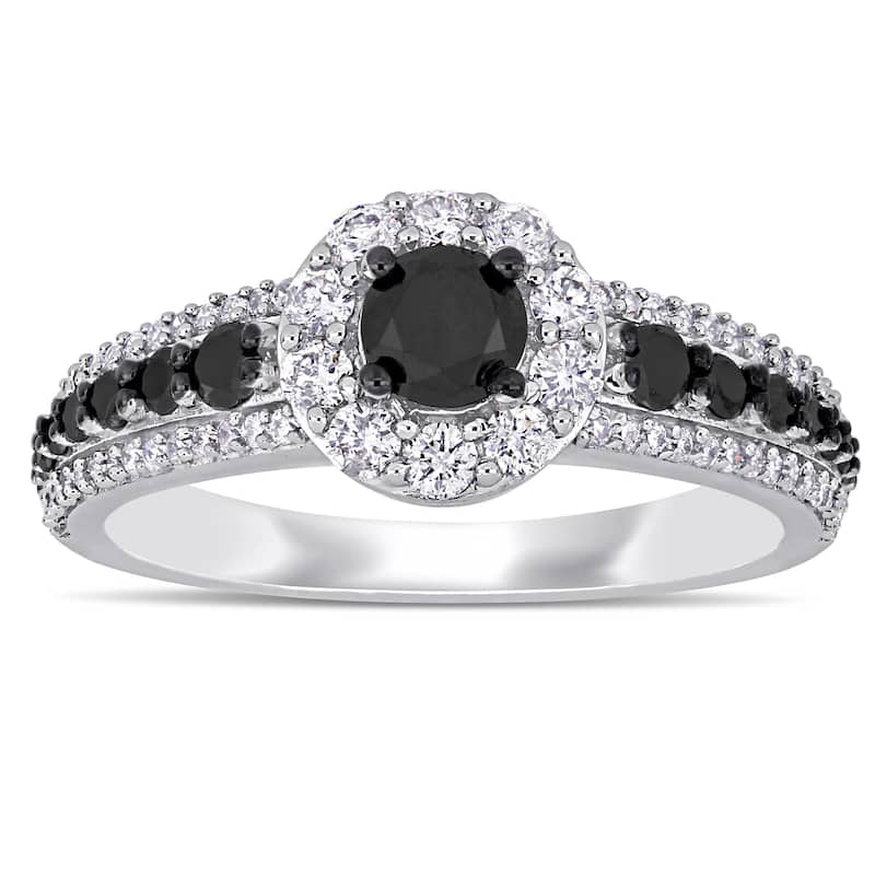 Miadora 14k White Gold with Black Rhodium 1ct TDW Black and White Diamond Halo Engagement Ring