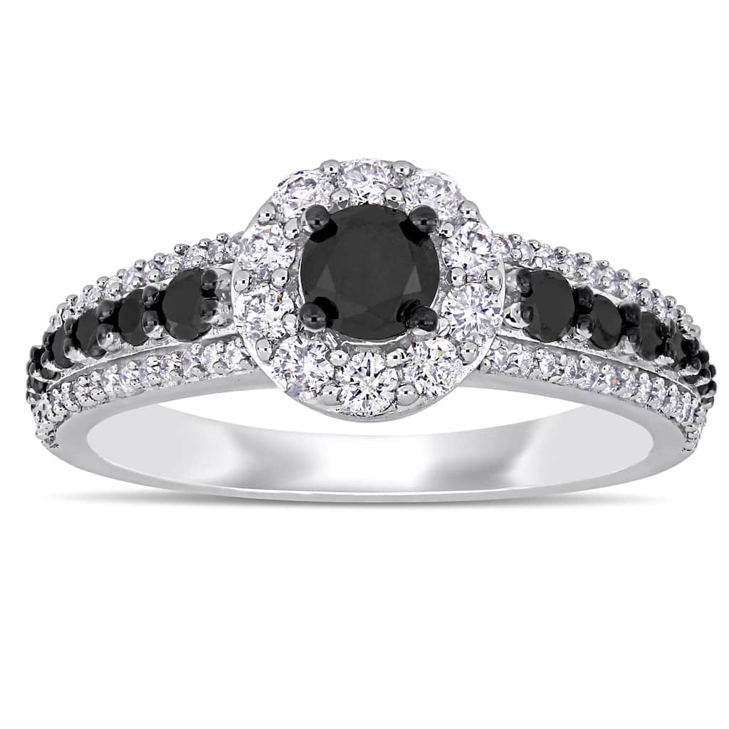 Miadora 14k White Gold with Black Rhodium 1ct TDW Black and White Diamond Halo Engagement Ring