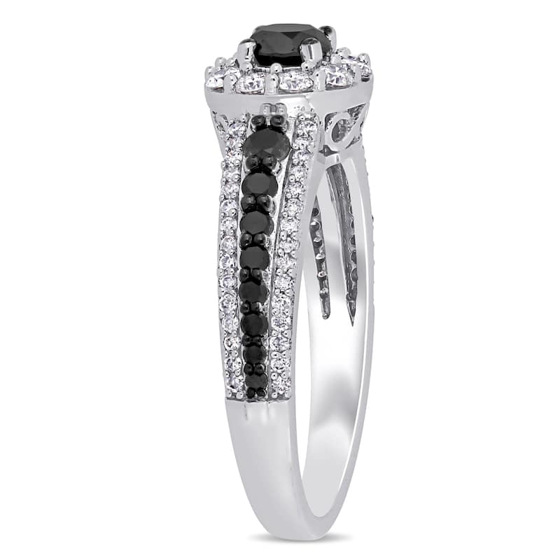 Miadora 14k White Gold with Black Rhodium 1ct TDW Black and White Diamond Halo Engagement Ring