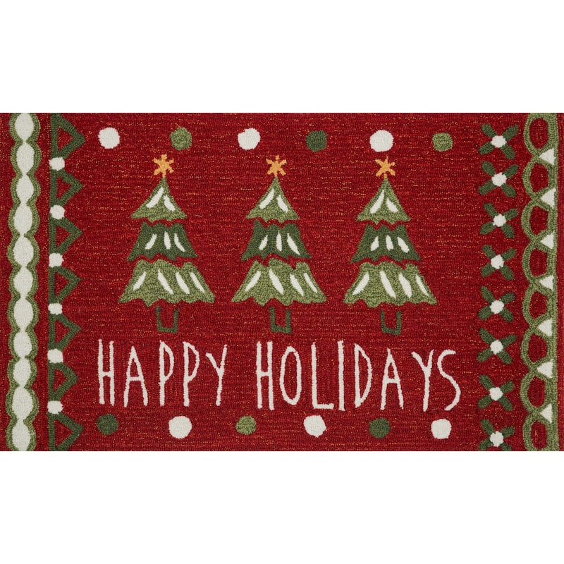 Hand-hooked Red/ Green Happy Holidays Area Rug - 1'8" x 2'8"