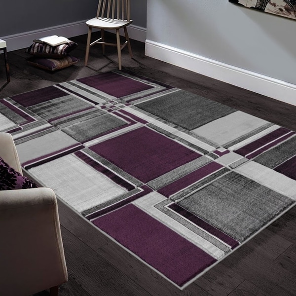 Allstar Rugs Hand-Carved Grey and White Rectangular Accent Area Rug with Purple Abstract Geometric Design - 9' 8" x 7' 5"