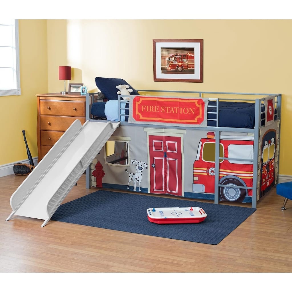 DHP Junior Themed Twin Loft Bed with Slide and Curtain Set