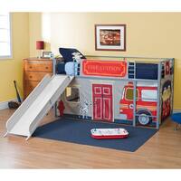DHP Junior Themed Twin Loft Bed with Slide and Curtain Set