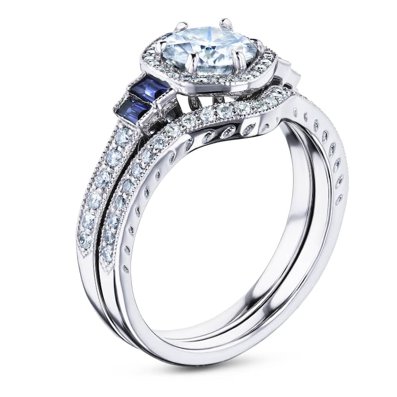 Annello by Kobelli 14k White Gold 1 3/4ct.tw Hexagon Halo Mixed Gemstones Bridal Set (DEF/VS, Blue, GH/I)
